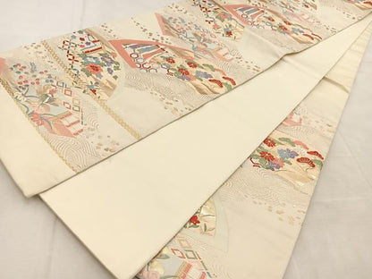 平和屋着物◎六通柄袋帯　唐織　扇面王朝文　金糸　正絹　逸品　BAAU8600yc