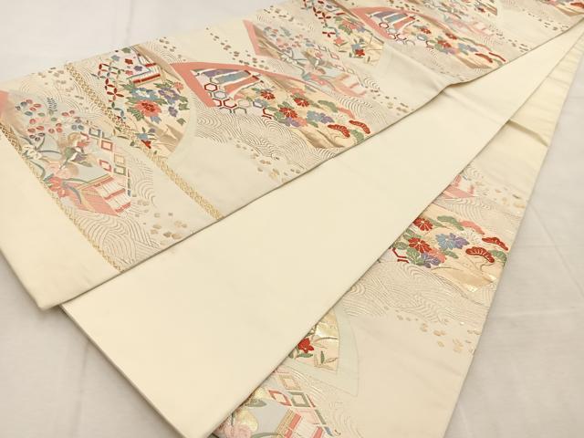 平和屋着物◎六通柄袋帯　唐織　扇面王朝文　金糸　正絹　逸品　BAAU8600yc