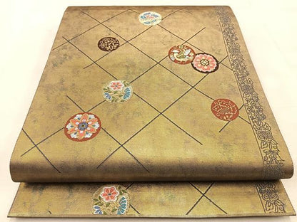 平和屋着物◎六通柄袋帯　唐織　花鳥丸文　金糸　引箔　正絹　逸品　BAAU8603yc
