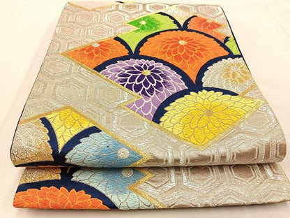 平和屋着物◎六通柄袋帯　唐織　松皮菱菊文　金銀糸　正絹　逸品　BAAU8613yc