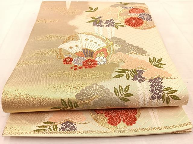 平和屋着物◎六通柄袋帯　唐織　花蝶丸文　金糸　正絹　逸品　BAAU8631yc