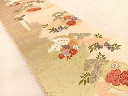 平和屋着物◎六通柄袋帯　唐織　花蝶丸文　金糸　正絹　逸品　BAAU8631yc