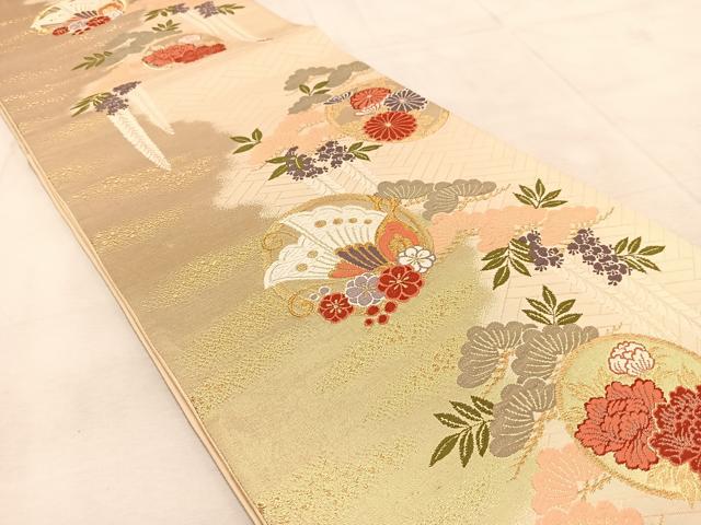 平和屋着物◎六通柄袋帯　唐織　花蝶丸文　金糸　正絹　逸品　BAAU8631yc