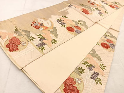 平和屋着物◎六通柄袋帯　唐織　花蝶丸文　金糸　正絹　逸品　BAAU8631yc