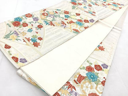 平和屋着物◎六通柄袋帯　唐織　地紙花車文　金銀糸　正絹　逸品　BAAU8649yc