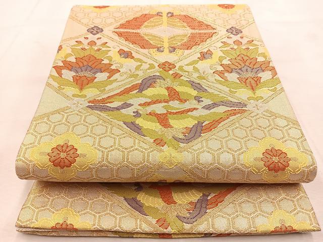 平和屋着物◎佐賀錦　六通柄袋帯　向かい動物更紗花文　金糸　正絹　逸品　BAAU8672yc
