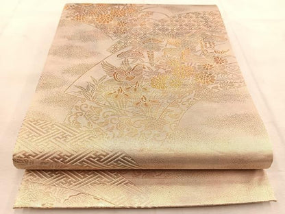 平和屋着物◎六通柄袋帯　地紙花鳥文　金糸　引箔　正絹　逸品　BAAU8674yc