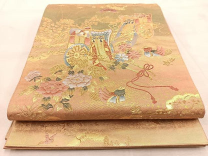 平和屋着物◎六通柄袋帯　ふくれ織　陶漆箔源氏車絵文　金糸　引箔　正絹　逸品　BAAU8680yc