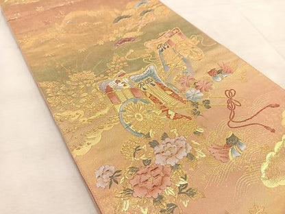 平和屋着物◎六通柄袋帯　ふくれ織　陶漆箔源氏車絵文　金糸　引箔　正絹　逸品　BAAU8680yc