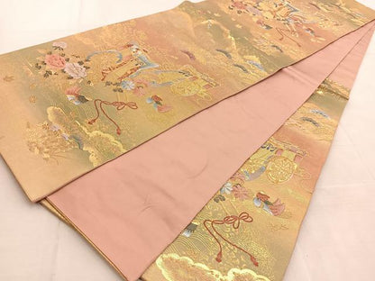 平和屋着物◎六通柄袋帯　ふくれ織　陶漆箔源氏車絵文　金糸　引箔　正絹　逸品　BAAU8680yc