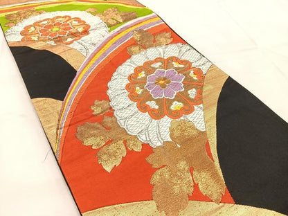 平和屋着物◎六通柄袋帯　唐織　菊青海波　黒地　金銀糸　正絹　逸品　BAAU8683yc