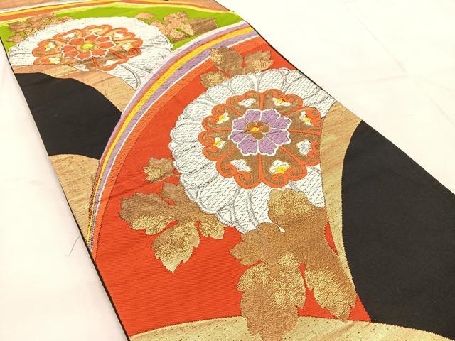 平和屋着物◎六通柄袋帯　唐織　菊青海波　黒地　金銀糸　正絹　逸品　BAAU8683yc