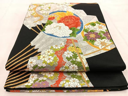 平和屋着物◎六通柄袋帯 唐織 檜扇花文 黒地 金銀糸 正絹 逸品 BAAU8700yc