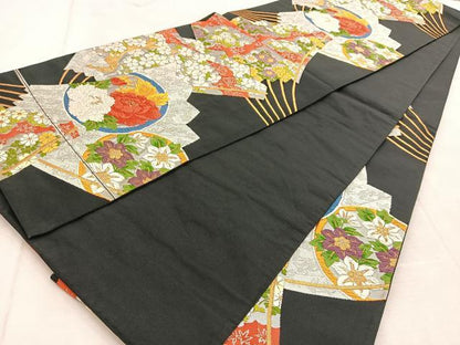 平和屋着物◎六通柄袋帯 唐織 檜扇花文 黒地 金銀糸 正絹 逸品 BAAU8700yc