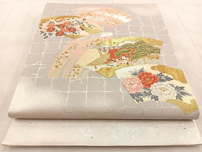 平和屋着物◎太鼓柄袋帯 唐織 地紙風景花文 金銀糸 引箔 正絹 逸品 BAAU8701yc