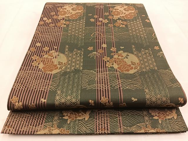 平和屋着物◎両面　全通柄袋帯　吉祥花丸文　正絹　逸品　BAAU8719yc