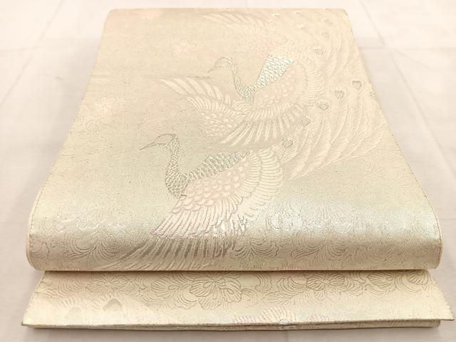 平和屋着物◎六通柄袋帯 唐織 孔雀花文 銀糸 正絹 逸品 BAAU8768yc