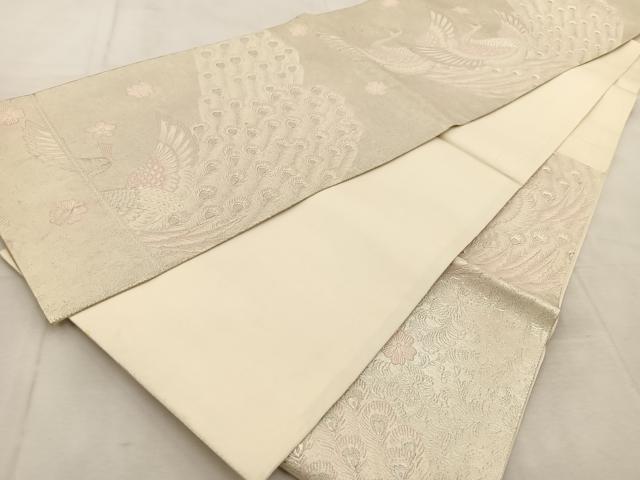 平和屋着物◎六通柄袋帯 唐織 孔雀花文 銀糸 正絹 逸品 BAAU8768yc