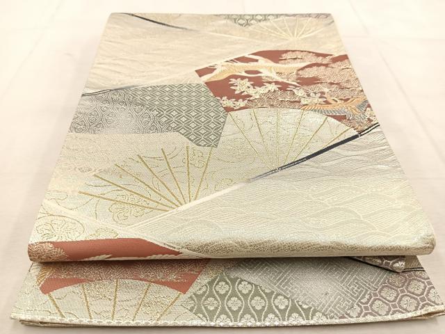 平和屋着物◎六通柄袋帯 唐織 扇面飛鶴花文 金銀糸 正絹 逸品 BAAU8773yc