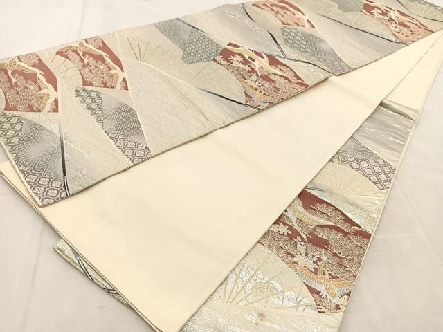 平和屋着物◎六通柄袋帯 唐織 扇面飛鶴花文 金銀糸 正絹 逸品 BAAU8773yc