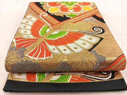 平和屋着物◎六通柄袋帯 唐織 花蝶文 黒地 金銀糸 正絹 逸品 BAAU8775yc