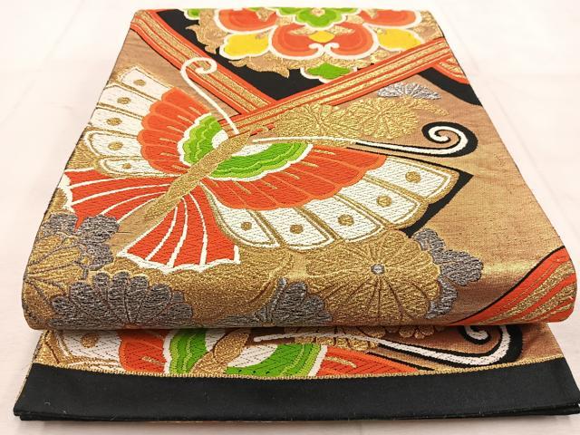 平和屋着物◎六通柄袋帯 唐織 花蝶文 黒地 金銀糸 正絹 逸品 BAAU8775yc