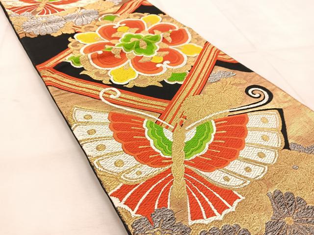 平和屋着物◎六通柄袋帯 唐織 花蝶文 黒地 金銀糸 正絹 逸品 BAAU8775yc