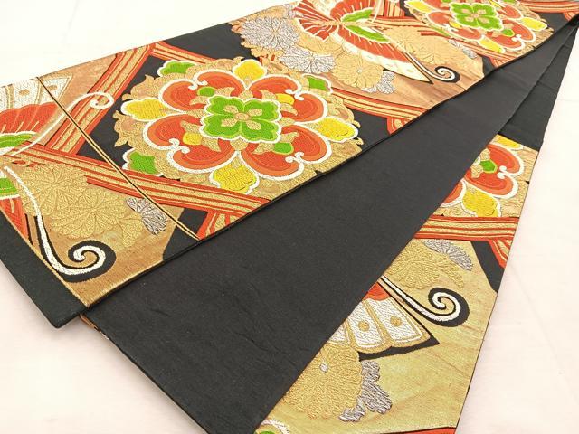 平和屋着物◎六通柄袋帯 唐織 花蝶文 黒地 金銀糸 正絹 逸品 BAAU8775yc