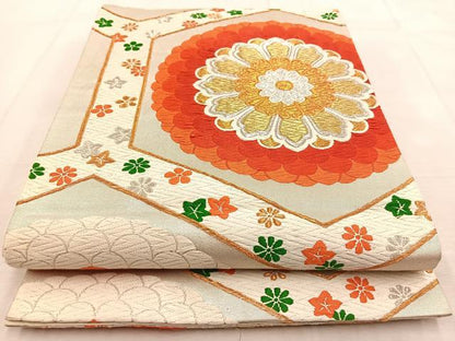 平和屋着物◎六通柄袋帯 唐織 亀甲花文 金銀糸 正絹 逸品 BAAU8781yc