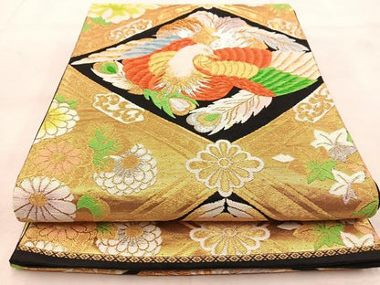 平和屋着物◎六通柄袋帯 菱天井鳳凰花文 黒地 金銀糸 正絹 逸品 BAAU8797yc