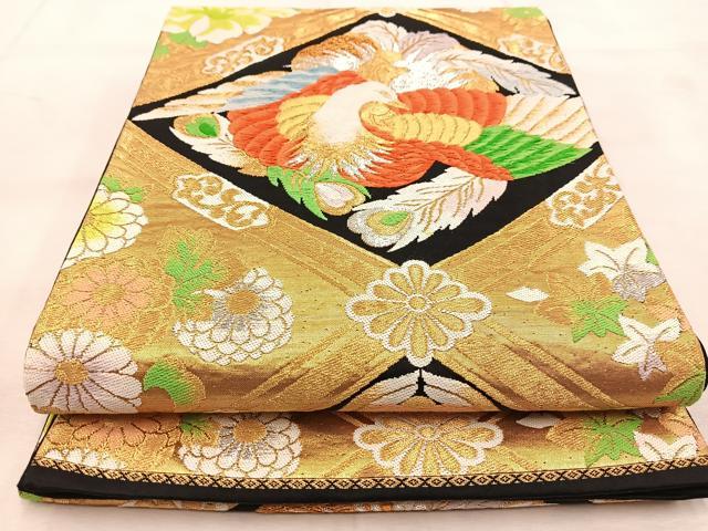 平和屋着物◎六通柄袋帯 菱天井鳳凰花文 黒地 金銀糸 正絹 逸品 BAAU8797yc