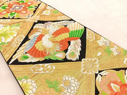 平和屋着物◎六通柄袋帯 菱天井鳳凰花文 黒地 金銀糸 正絹 逸品 BAAU8797yc