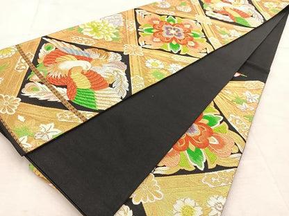 平和屋着物◎六通柄袋帯 菱天井鳳凰花文 黒地 金銀糸 正絹 逸品 BAAU8797yc