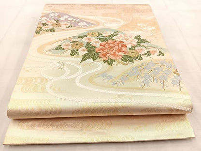 平和屋着物◎太鼓柄袋帯　唐織　風景花文　金糸　正絹　逸品　BAAU8812yc