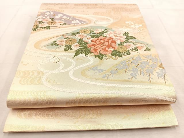 平和屋着物◎太鼓柄袋帯　唐織　風景花文　金糸　正絹　逸品　BAAU8812yc