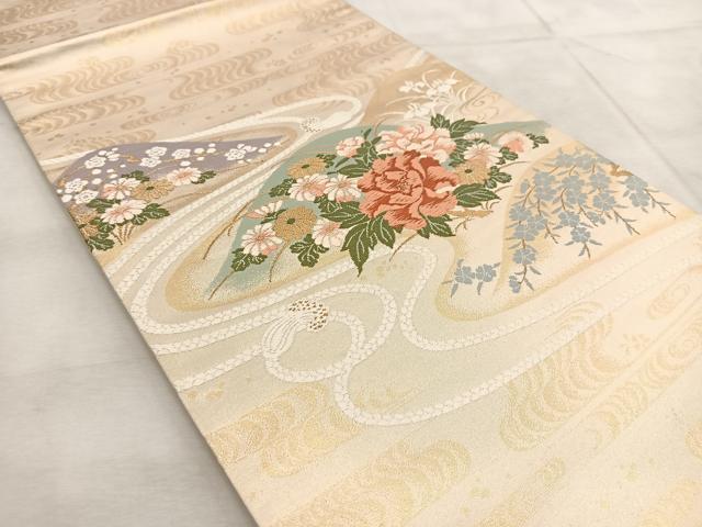 平和屋着物◎太鼓柄袋帯　唐織　風景花文　金糸　正絹　逸品　BAAU8812yc