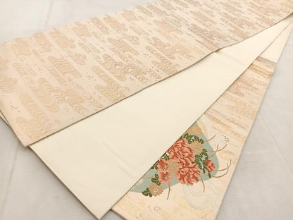 平和屋着物◎太鼓柄袋帯　唐織　風景花文　金糸　正絹　逸品　BAAU8812yc