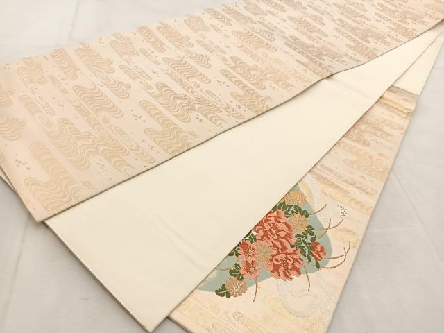 平和屋着物◎太鼓柄袋帯　唐織　風景花文　金糸　正絹　逸品　BAAU8812yc