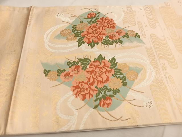 平和屋着物◎太鼓柄袋帯　唐織　風景花文　金糸　正絹　逸品　BAAU8812yc