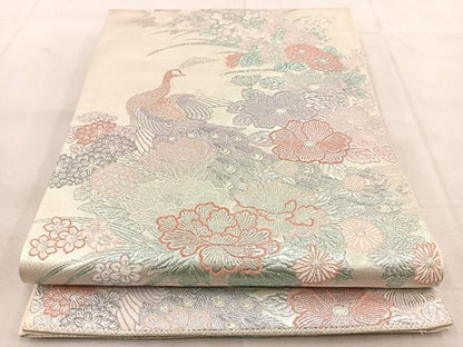 平和屋着物◎六通柄袋帯　草花孔雀文　九百プラチナ　正絹　逸品　BAAU8839yc