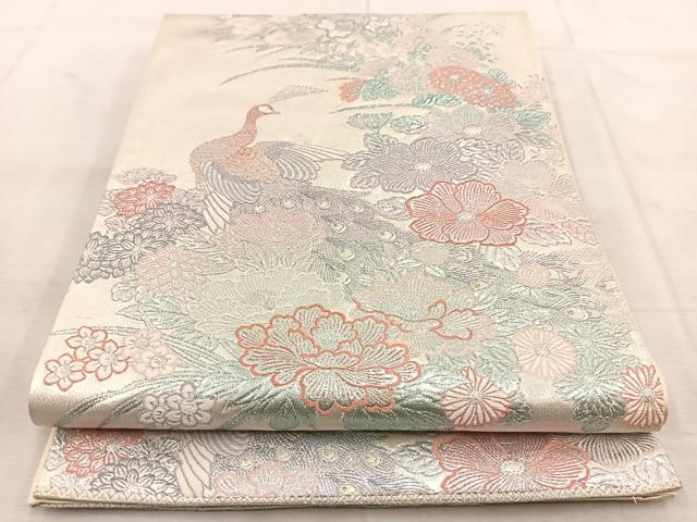 平和屋着物◎六通柄袋帯　草花孔雀文　九百プラチナ　正絹　逸品　BAAU8839yc