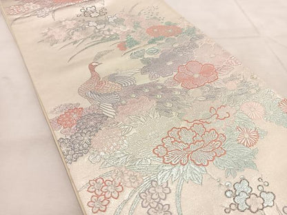 平和屋着物◎六通柄袋帯　草花孔雀文　九百プラチナ　正絹　逸品　BAAU8839yc