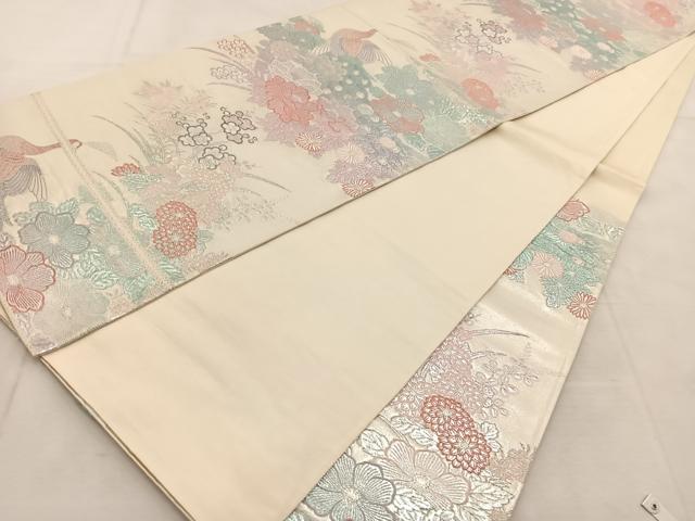 平和屋着物◎六通柄袋帯　草花孔雀文　九百プラチナ　正絹　逸品　BAAU8839yc