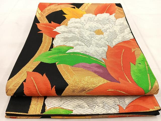 平和屋着物◎六通柄袋帯　唐織　立涌牡丹文　黒地　金銀糸　正絹　逸品　BAAU8847yc