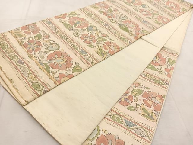 平和屋着物◎六通柄袋帯　横段更紗花文　金銀糸　正絹　逸品　BAAU8864yc