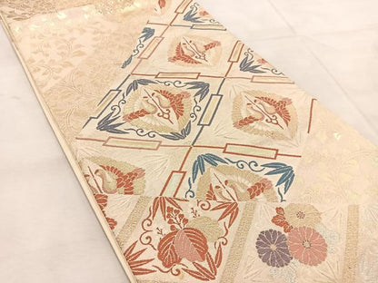平和屋着物◎六通柄袋帯　双鶴更紗花文　金銀糸　正絹　逸品　BAAU8871yc