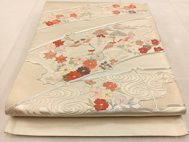 平和屋着物◎西陣　太鼓柄袋帯　銀駒刺繍　総刺繍　飛鶴流水草花文　銀糸　証紙付き　正絹　逸品　BAAU8877yc
