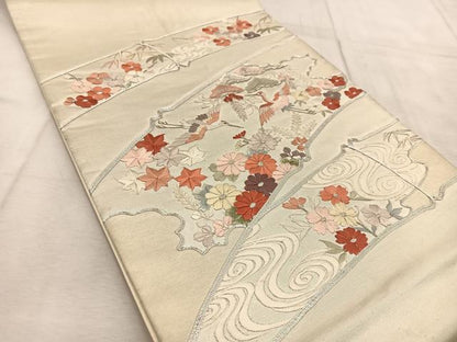 平和屋着物◎西陣　太鼓柄袋帯　銀駒刺繍　総刺繍　飛鶴流水草花文　銀糸　証紙付き　正絹　逸品　BAAU8877yc