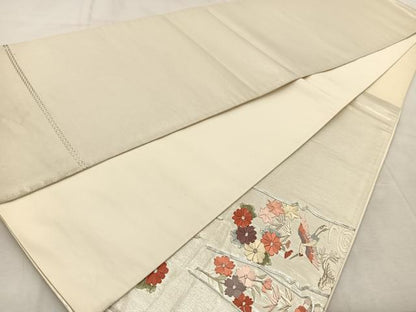 平和屋着物◎西陣　太鼓柄袋帯　銀駒刺繍　総刺繍　飛鶴流水草花文　銀糸　証紙付き　正絹　逸品　BAAU8877yc