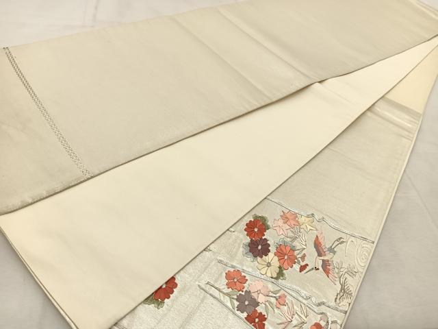 平和屋着物◎西陣　太鼓柄袋帯　銀駒刺繍　総刺繍　飛鶴流水草花文　銀糸　証紙付き　正絹　逸品　BAAU8877yc